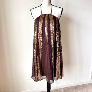 LAUNDRY By Design Brown Sequin Silk Halter Trapeze Swing Dress—SZ. 4